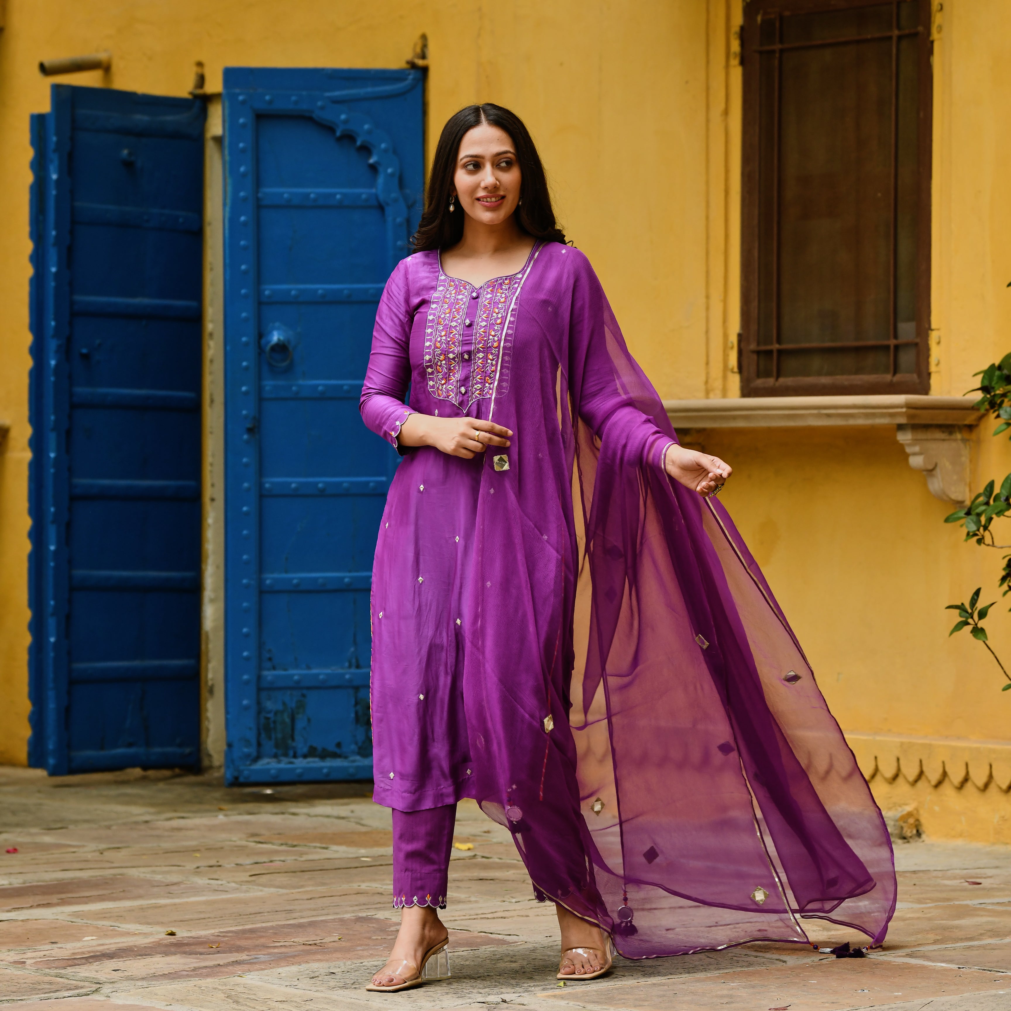 Purple In Combination Ethnic Embroidered Churidar Suit